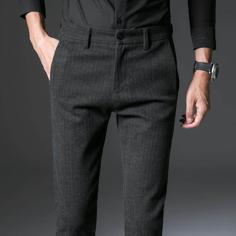 毛呢西裤男秋冬款条纹修身小脚商务正装直筒高级感加绒休闲西装裤