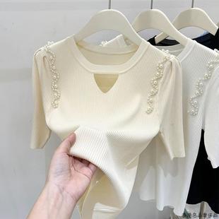 女装 T恤女夏季 香港大尺码 小心机短袖 钉珠上衣冰丝法式 设计感小衫