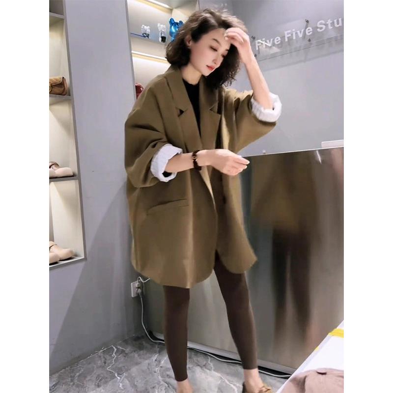 咖色双排扣西装外套女春秋欧货宽松时尚中长款休闲西服气质上衣