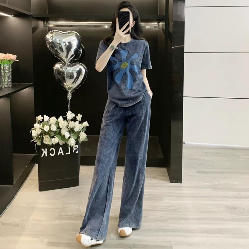 欧洲站休闲时尚套装女2026夏季新款时髦洋气短袖阔腿牛仔裤两件套