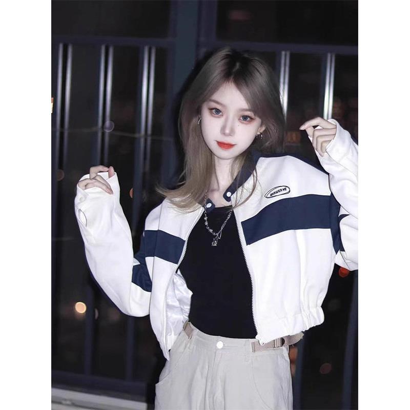 白色立领长袖短款棒球服女春秋欧货小个子夹克拼色外套高腰上衣