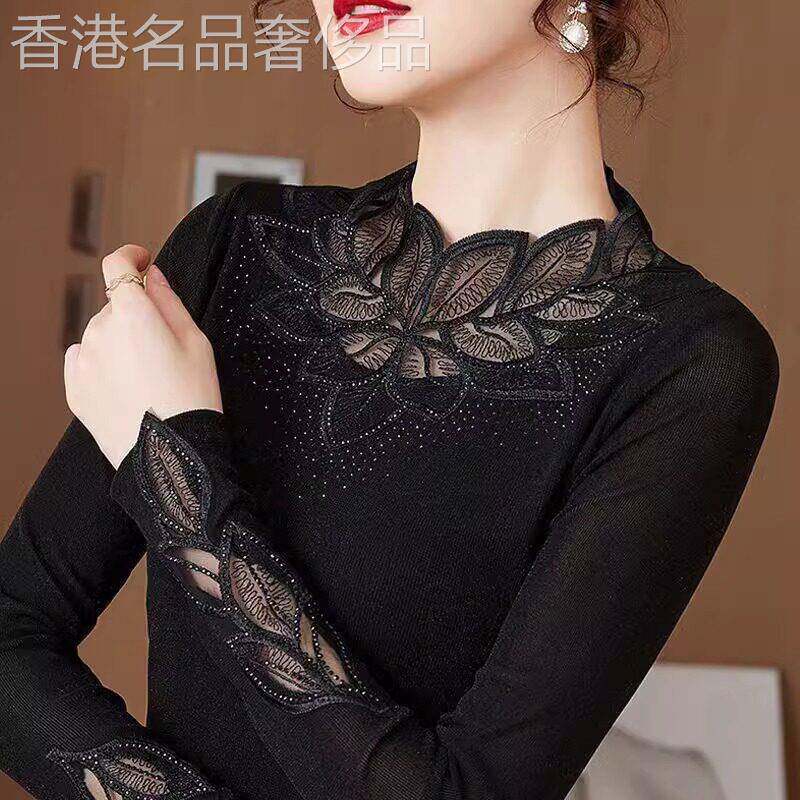 2025春秋新款洋气小衫蕾丝内搭大码显瘦长袖打底衫女网纱加绒上衣