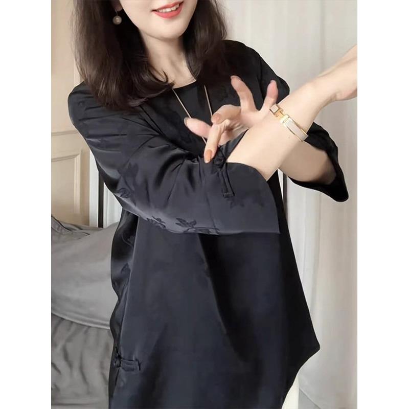 黑色圆领三分之袖上衣女士春秋季欧洲站民族风格新中国风时尚百搭