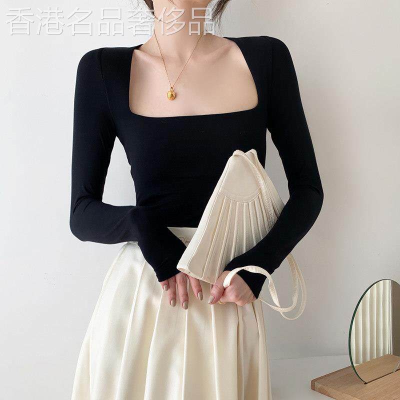 大方领打底衫女春季内搭法式性感露锁骨T恤上衣修身显瘦长袖T恤