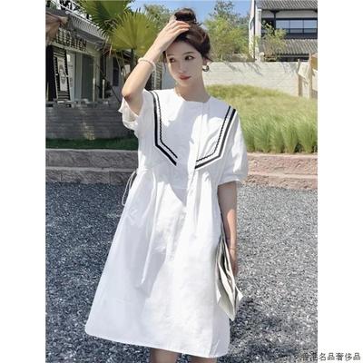 香港大码女装显瘦短袖白色连衣裙胖mm夏季学院风宽松气质衬衫裙子