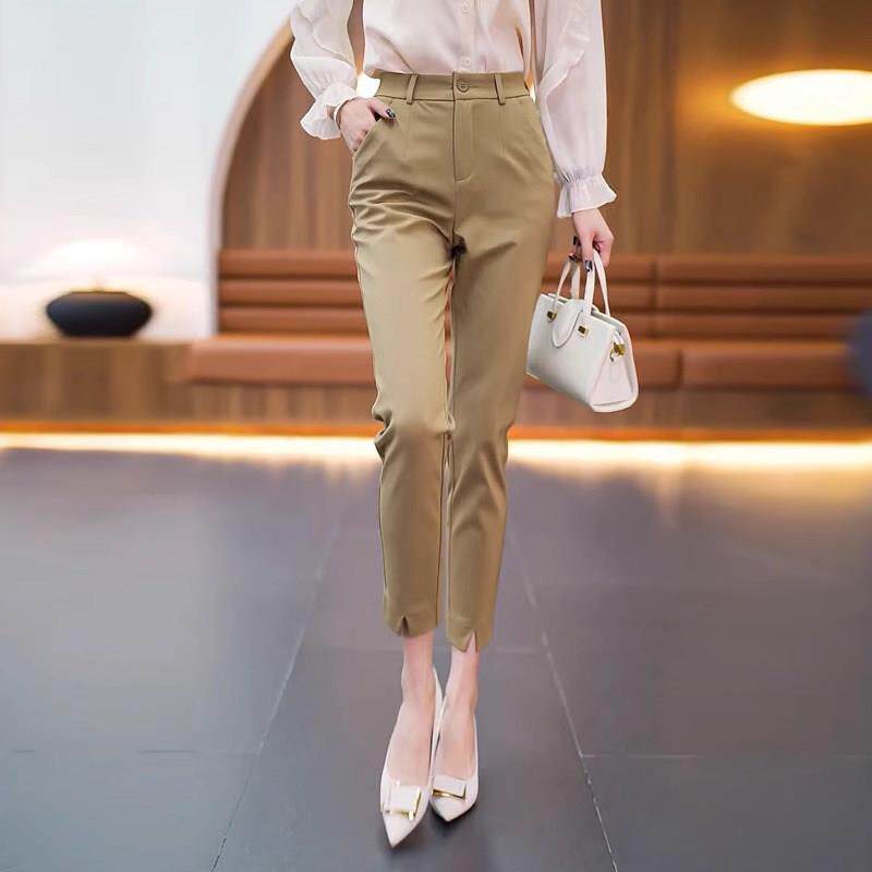 卡其色开叉休闲裤子女夏季薄款2025新款高腰显瘦小个子小脚西装裤