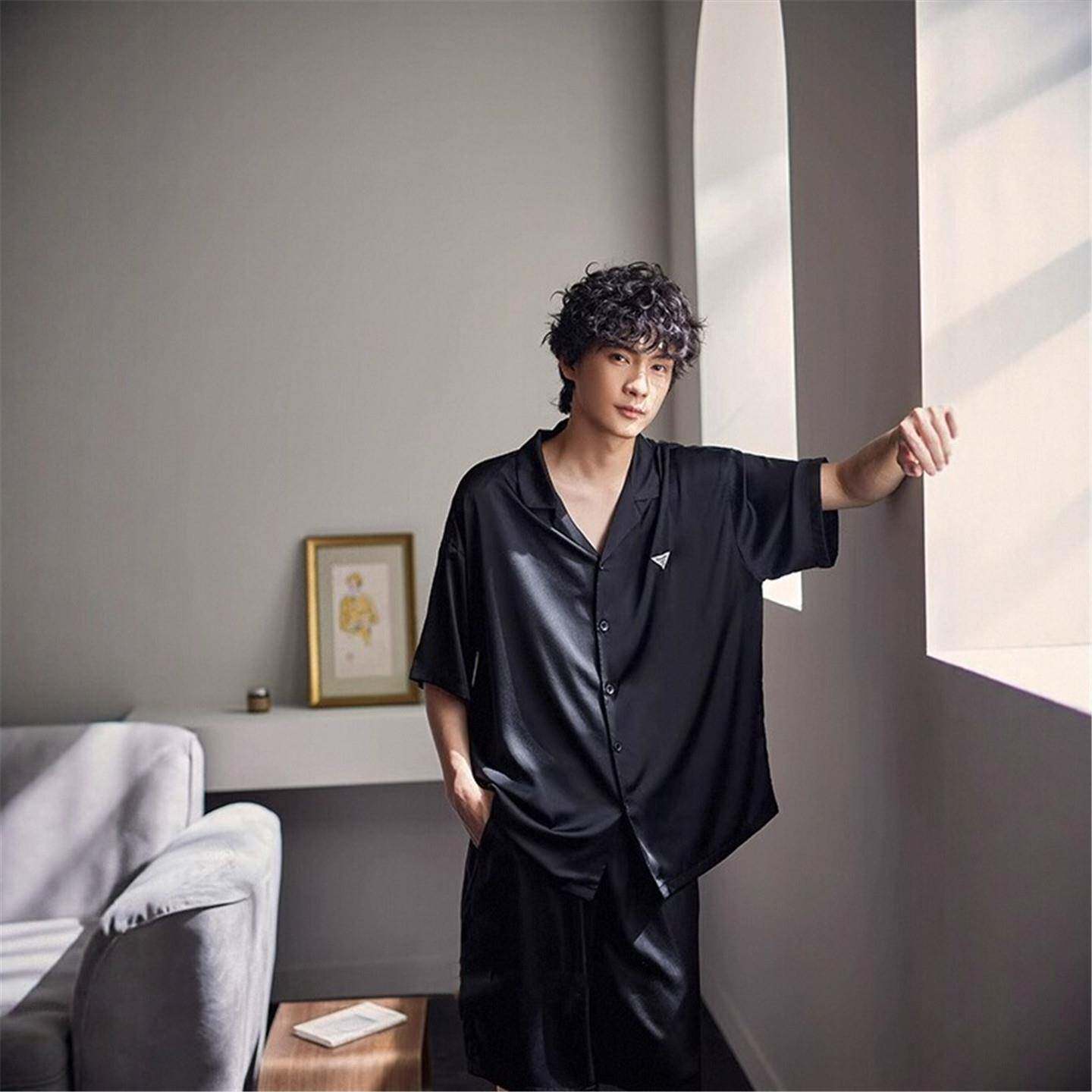 真丝睡衣男士夏款短袖2026新款黑色高级感丝绸落肩夏季家居服套装