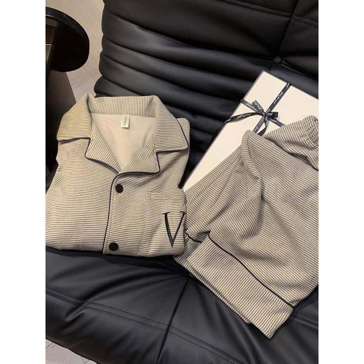 日本德绒情侣睡衣男女珊瑚绒加绒加厚长袖保暖高级感家居服套装冬