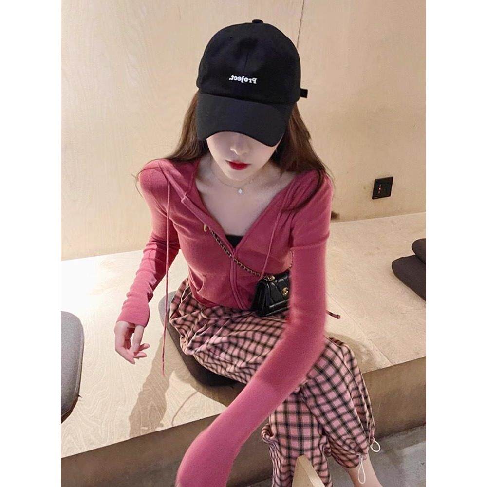 日系春秋别致拉炼连帽针织开衫女修身运动卫衣小个子外套短款上衣