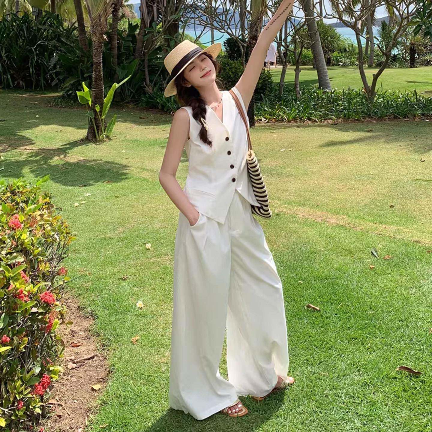 欧洲站女夏季轻奢高智感白色西装马甲遮肉阔腿裤高级穿搭慵懒两件