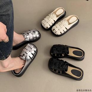 香港真皮包头半拖鞋 女夏季 外穿2025新款 松糕厚底增高沙滩罗马凉鞋
