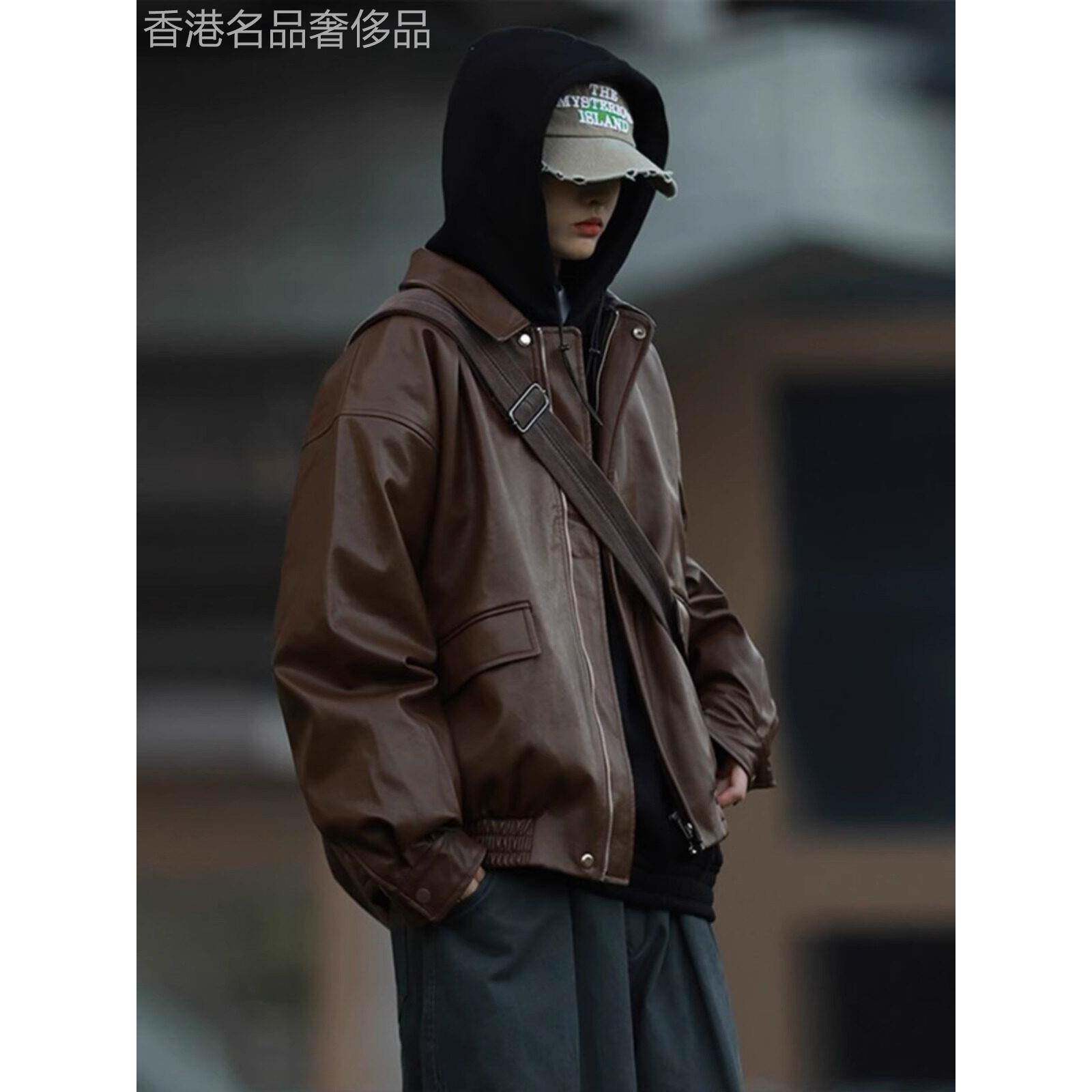 潮牌美拉德棕色皮衣外套男春秋季薄款痞帅机车服休闲宽松真皮夹克