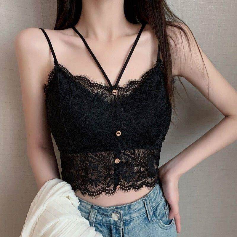 日本蕾丝吊带背心女内搭性感美背无痕抹胸带胸垫文胸一体打底上衣