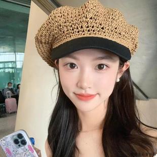 草编钩针八角帽子女夏天出游度假个性 法式 镂空贝雷帽透气海军帽