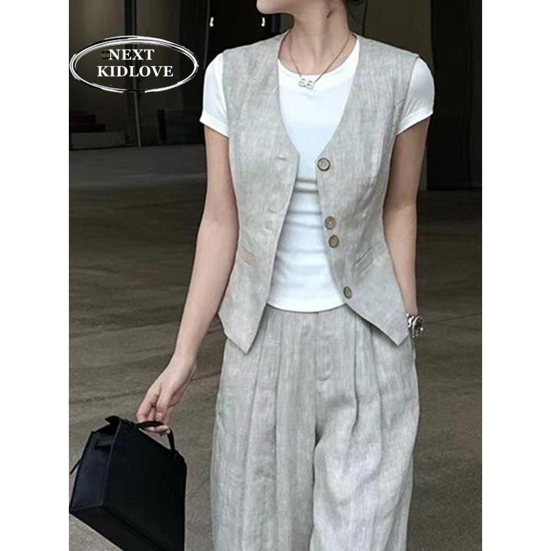 香港夏季爆款短袖T恤马甲休闲裤三件套女通勤风亚麻棉麻背心裤子