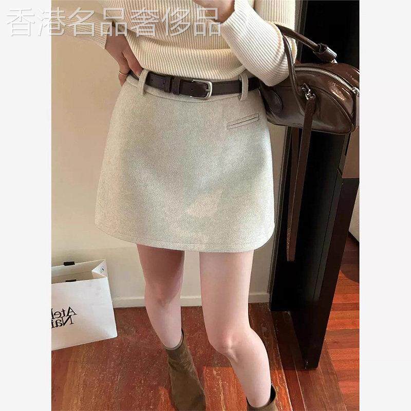 韩版乳白色毛呢半身裙女秋冬新款高腰显瘦气质小个子a字包臀短裙