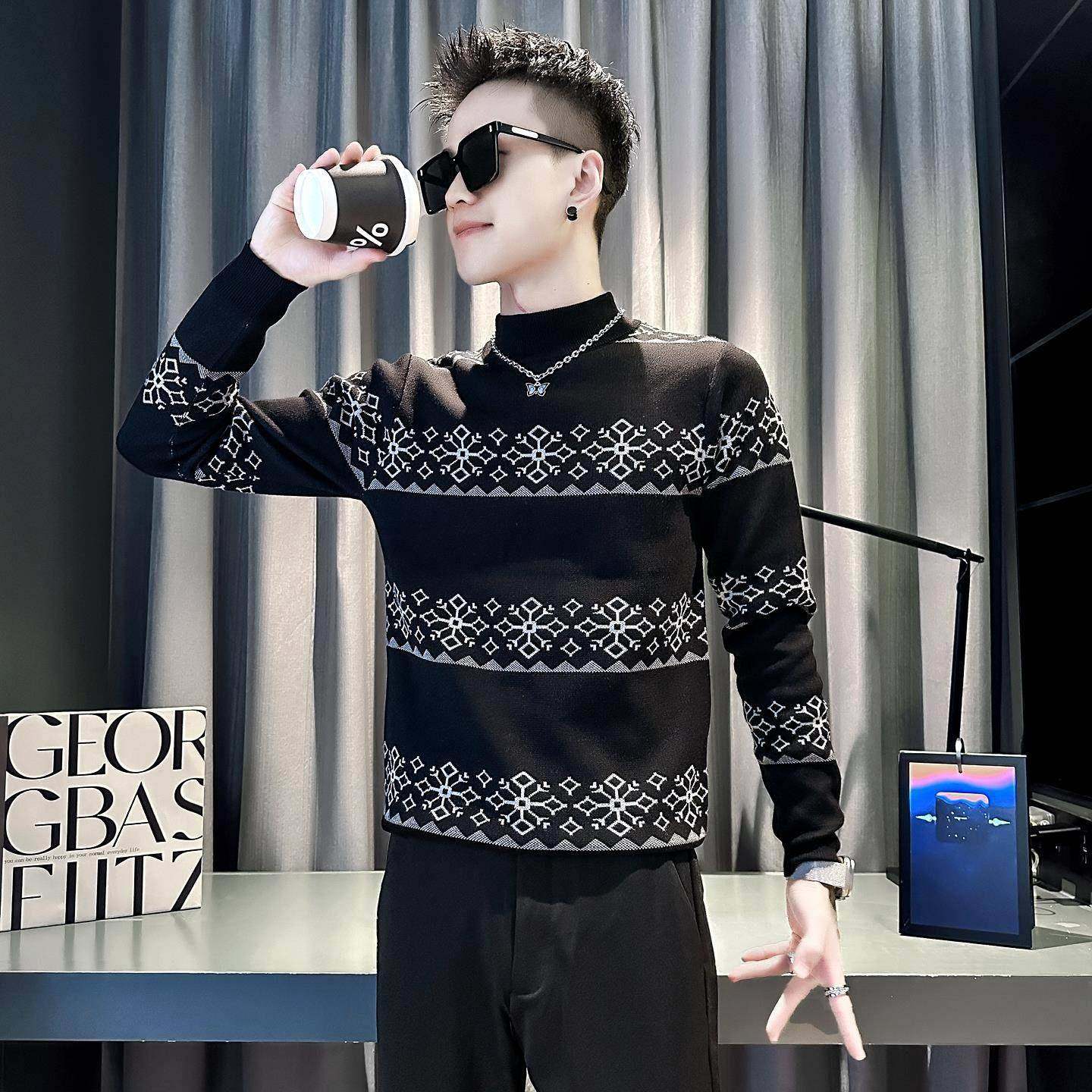 高级感提花半高领毛衣男秋冬季休闲痞帅针织衫2025新款内搭打底衫