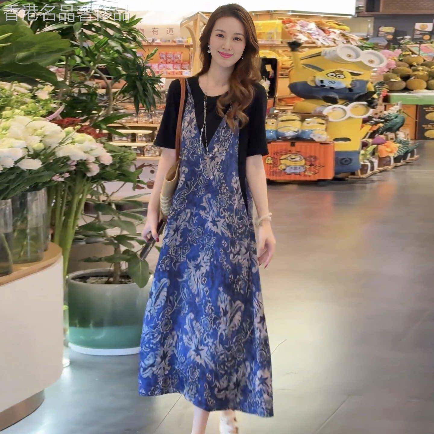 高端轻奢慵懒风假两件连衣裙女夏季新款气质休闲显瘦短袖碎花裙子