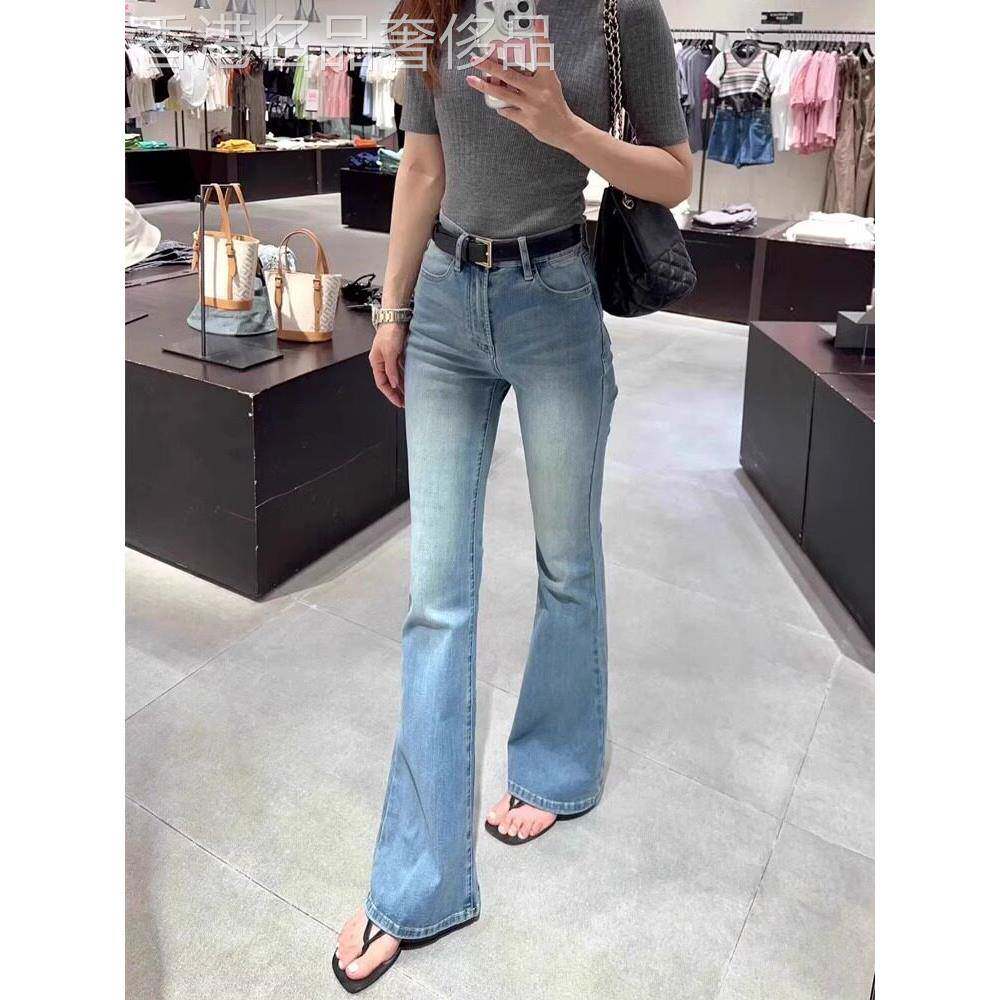 美式浅蓝色微喇牛仔裤女2025夏季新款高腰修身显瘦拖地马蹄喇叭裤