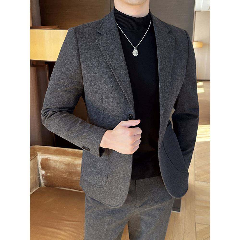 TWG毛呢西装套装男士秋冬季高级感痞帅气大码商务休闲西服外套潮