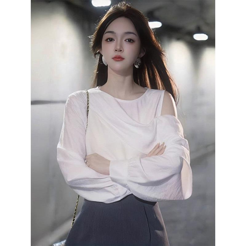 露肩长袖衬衫女春秋欧货时尚气质不规则薄款小衫宽松显瘦镂空上衣