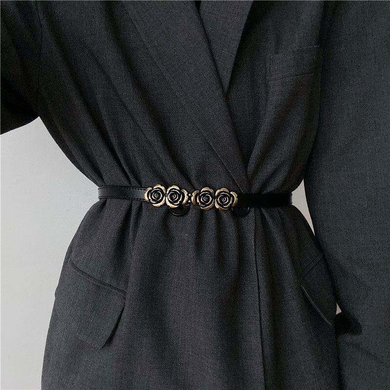 玫瑰花腰带女款真皮免打孔细皮带女设计感小众ins风复古配连衣裙