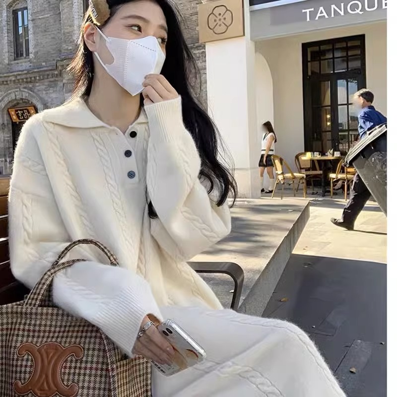 POIO慵懒风宽松毛混纺长款毛衣裙