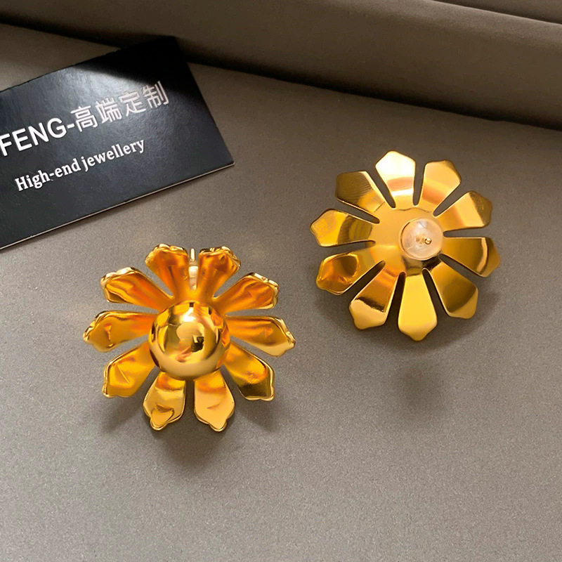 漂亮向日葵立体花朵耳钉轻奢哑金925银针耳饰