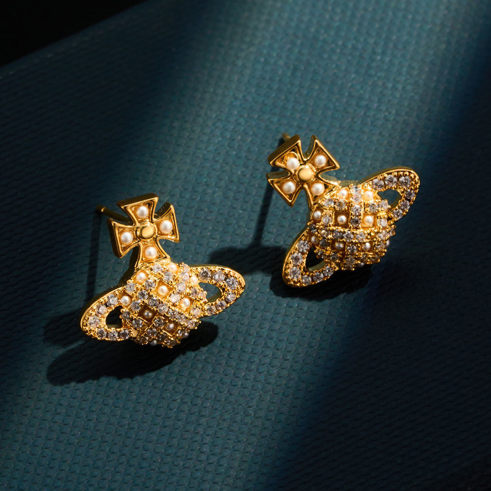 漂亮西太后风十字星球耳钉铜合金真金电镀微镶锆石s925银针女耳饰