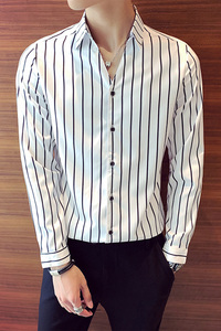 2026春夏店主风 V领竖条纹经典休闲男士长袖衬衫C016C/P55控75图片