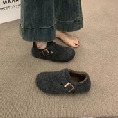 女鞋 41到43加绒勃肯鞋 软底舒适毛毛鞋 大码 呢子外穿复古灰色穆勒鞋
