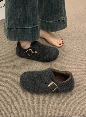 大码女鞋41到43加绒勃肯鞋软底舒适毛毛鞋呢子外穿复古灰色穆勒鞋