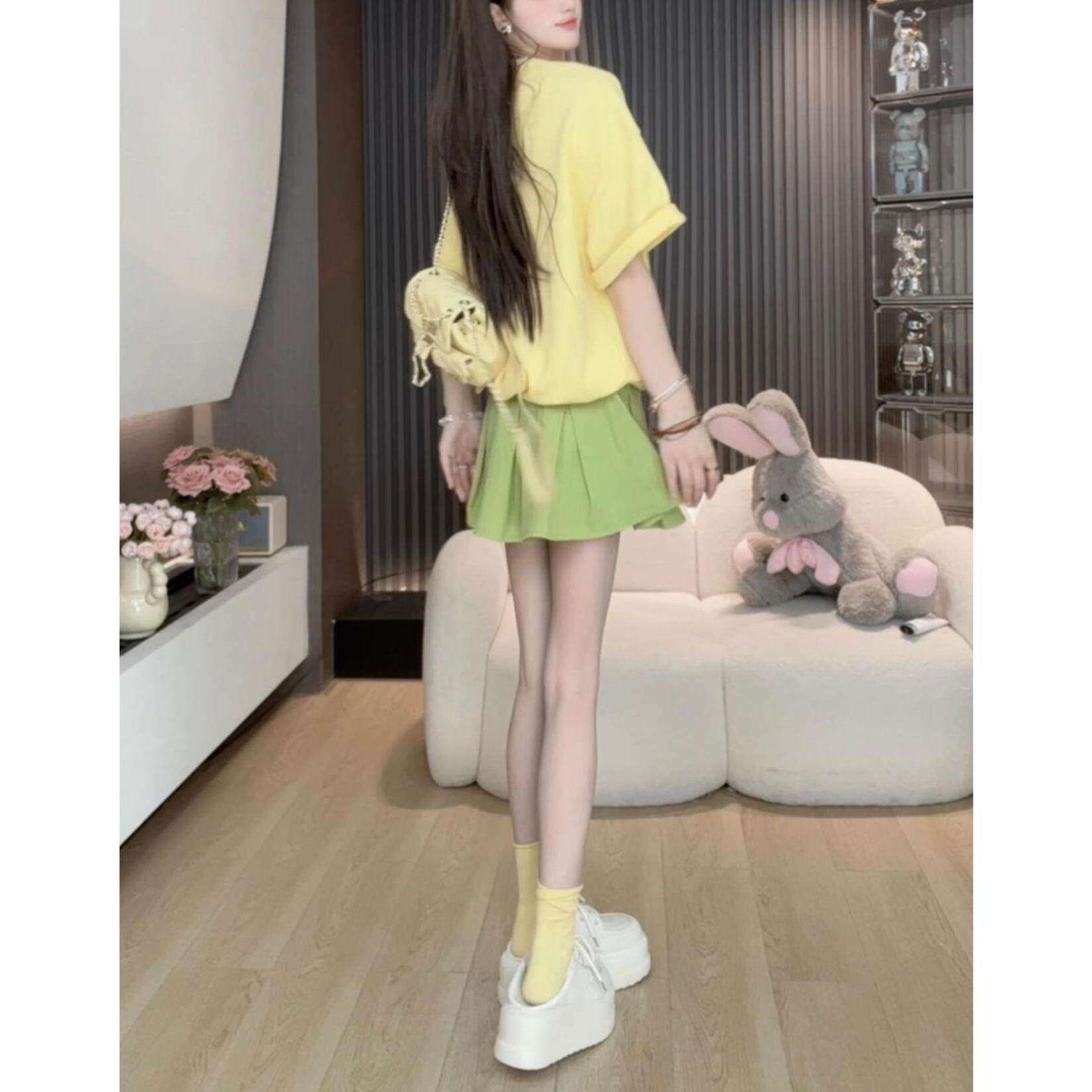 2025夏季女装短袖套装 小个子假两件设计 上衣加短裙两件套 XXL可