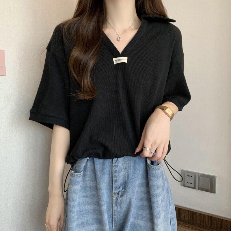 设计感正肩polo领长袖t恤女秋季大码胖妹妹上衣短款抽绳打底衫ins