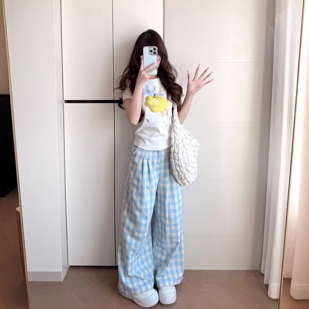 韩版修身休闲运动服套装女夏季印花正肩短袖格子阔腿裤显瘦两件套