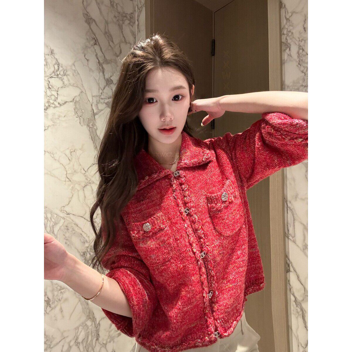 大码韩国女装早春新款胖mm时尚百搭纽扣设计小香风短款上衣外套女