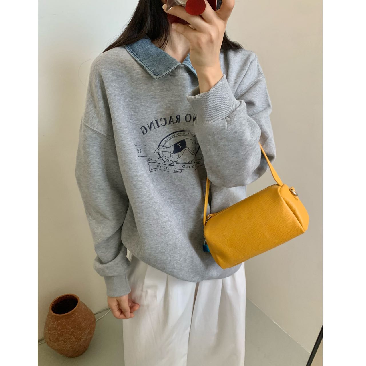 牛仔衬衫领印花长袖假两件卫衣女