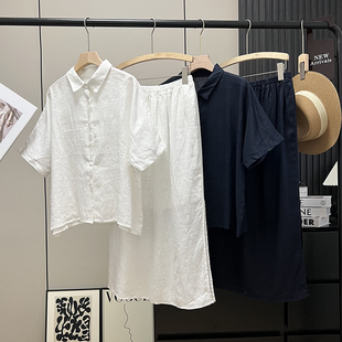 高级感！100亚麻老钱风宽松短袖亚麻衬衫开叉亚麻半身裙套装女夏