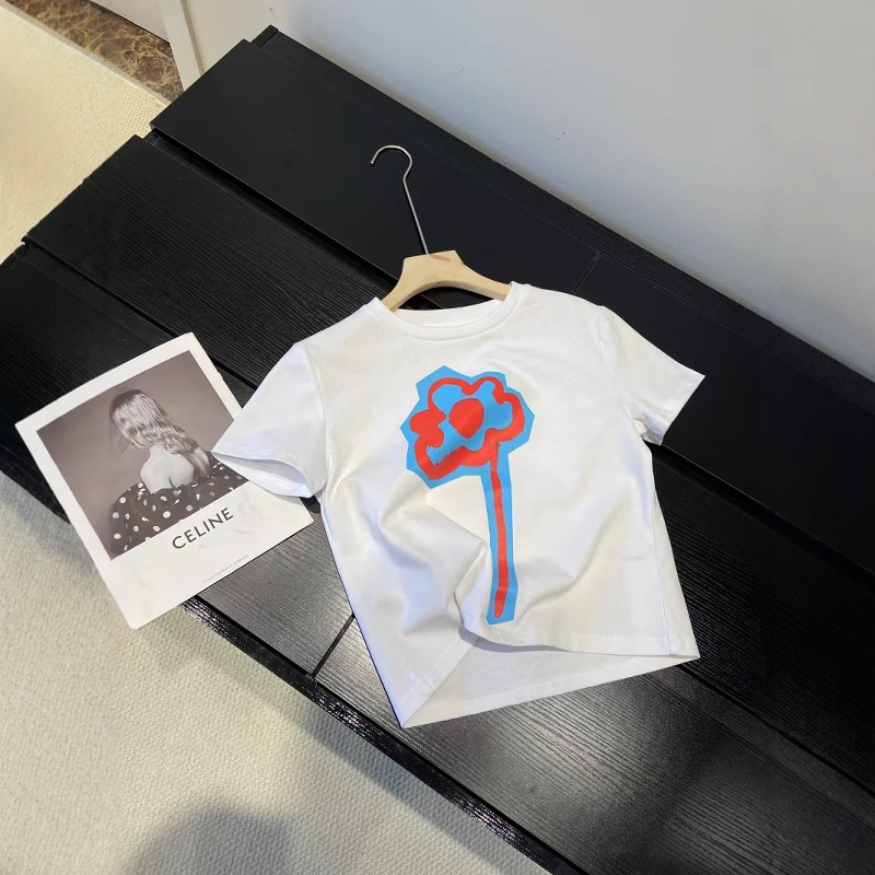 花卉印花圆领纯棉短袖T恤短上衣