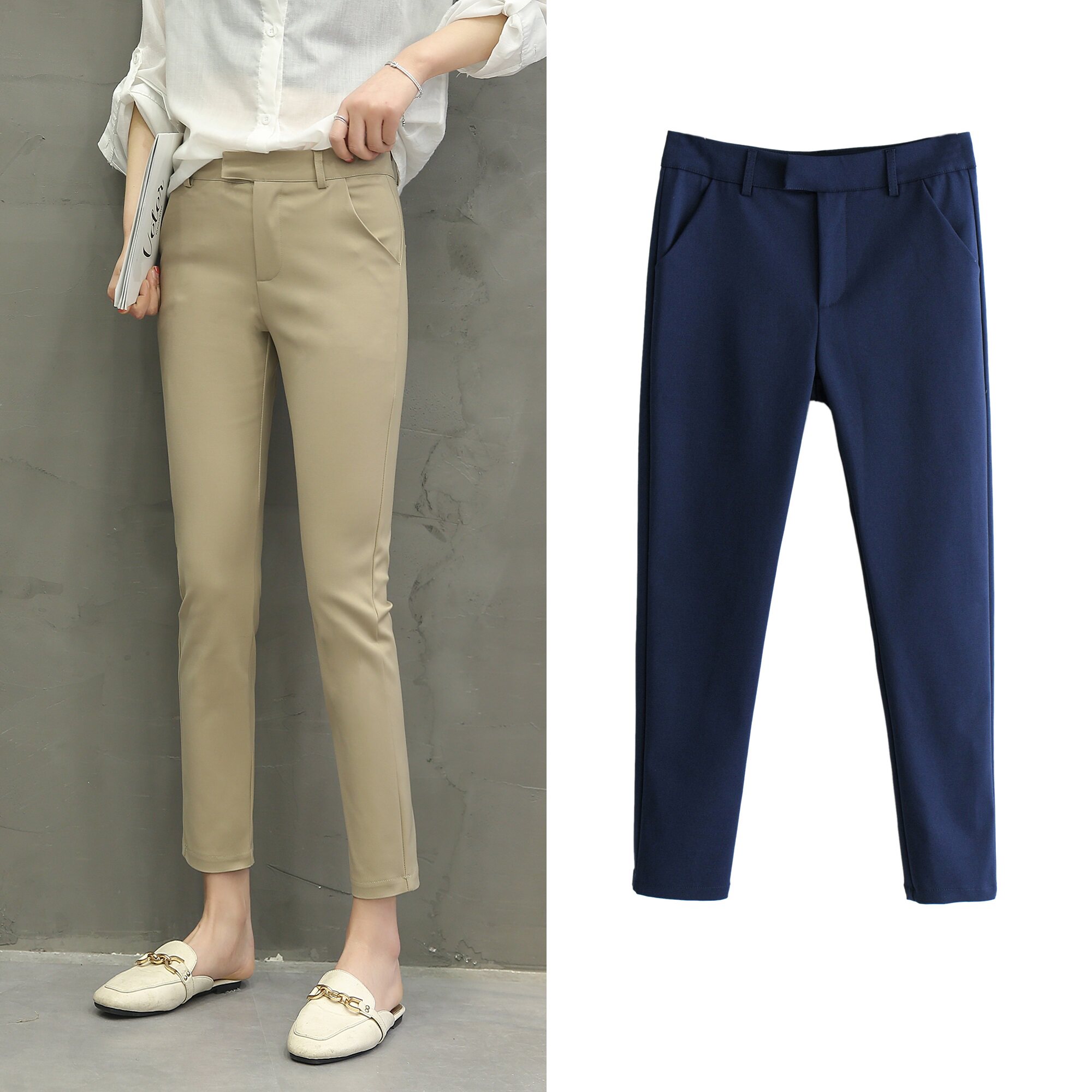 外贸女装 春装新款韩版通勤西装裤高腰锦棉小脚ol休闲裤女九分裤