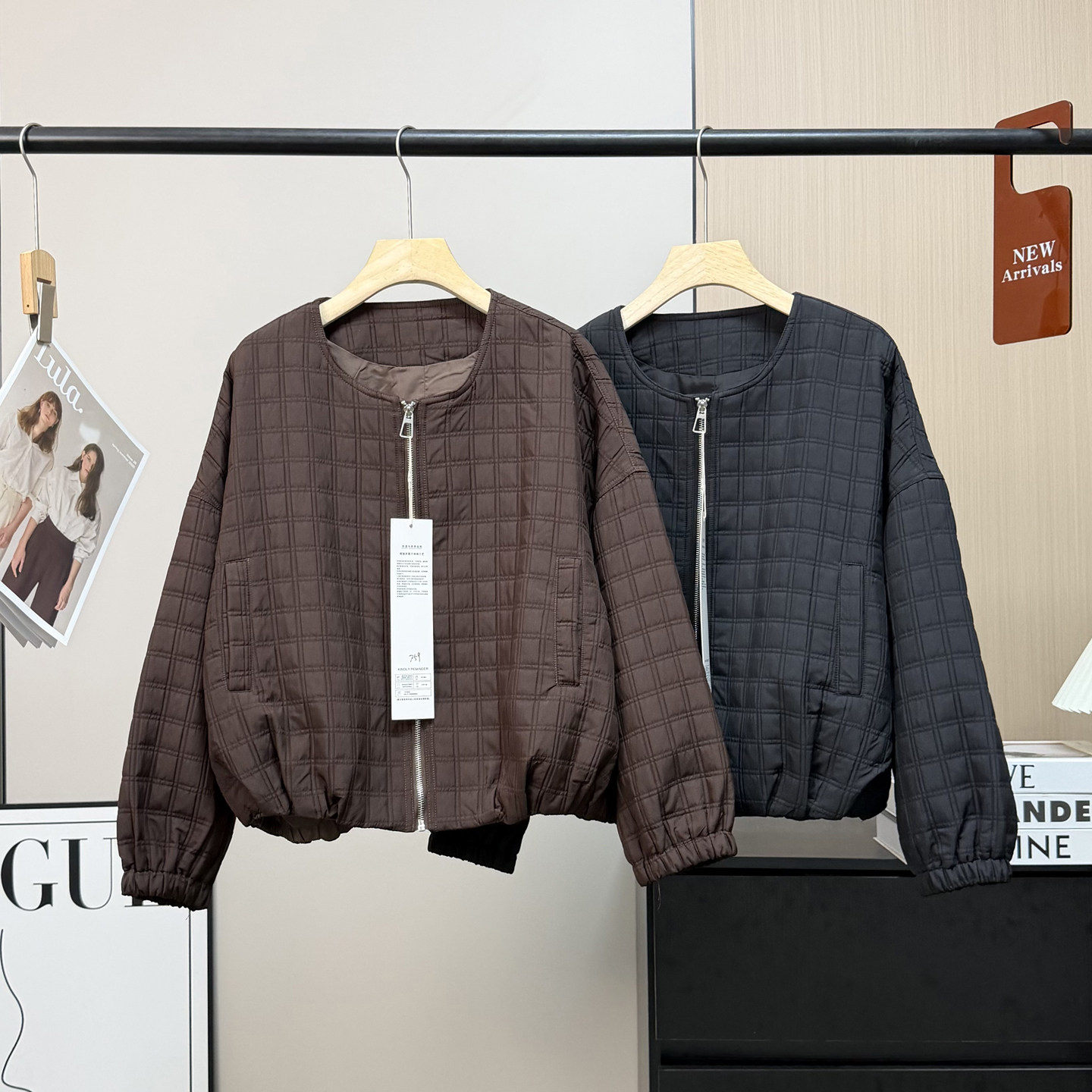 压格薄棉拉链开衫圆领棉服外套
