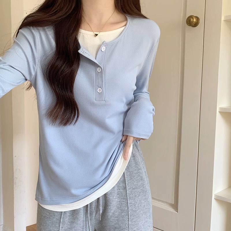 螺纹棉坑条小排扣半开领打底衫