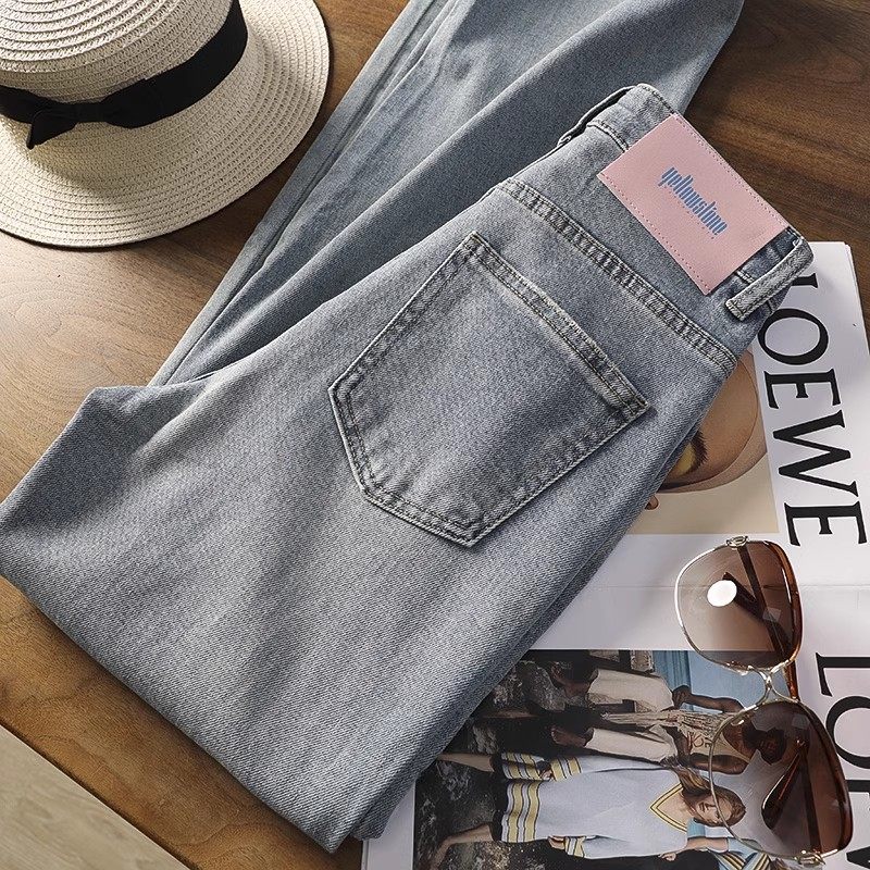 柔软垂感~复古高腰做旧显瘦粉标直筒窄版阔腿裤宽松垂感牛仔裤女