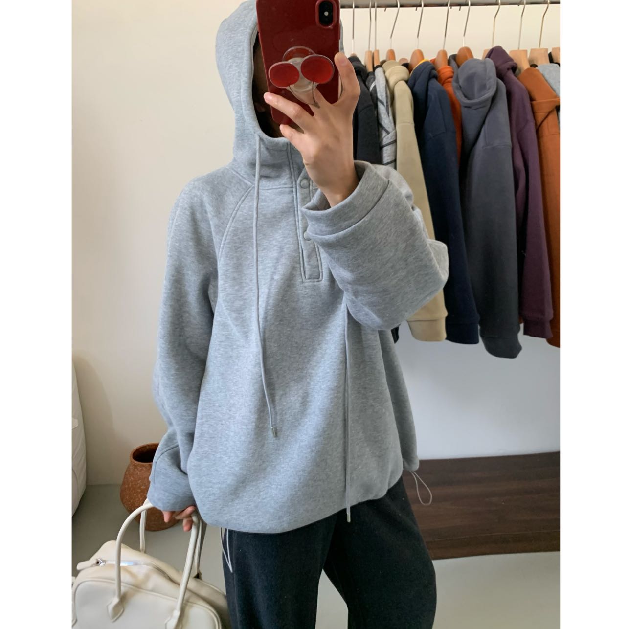 加绒保暖纽扣开襟连帽卫衣外套女