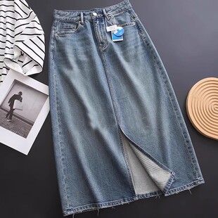 软薄有筋骨复古港风毛边开叉A字牛仔半身裙女夏 新品 出kou单 夏季