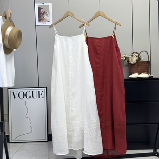轻盈飘逸~天然100苎麻通透细腻有筋骨感重工绣花碎褶吊带裙连衣裙