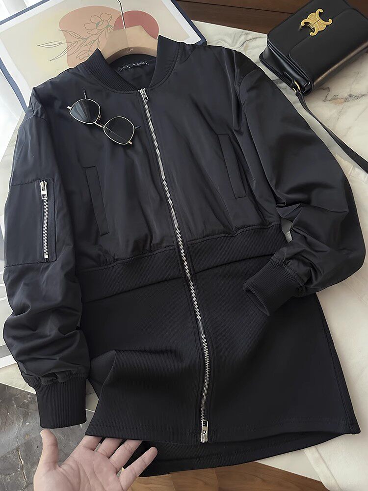 夹克收腰抽褶棉服式拉链连衣裙