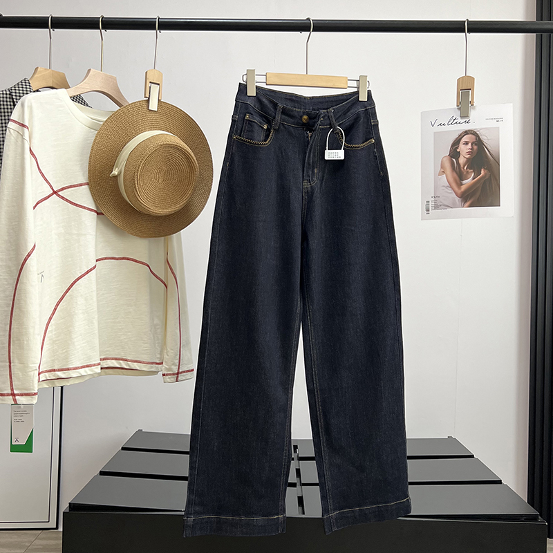 深蓝牛仔明线高腰直筒阔腿牛仔裤