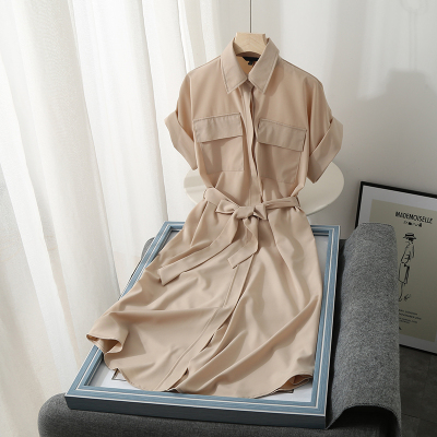 气质收腰双口袋翻领短袖连衣裙