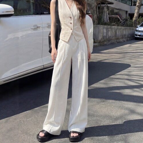 老钱风夏季亚麻高腰棉麻阔腿裤女